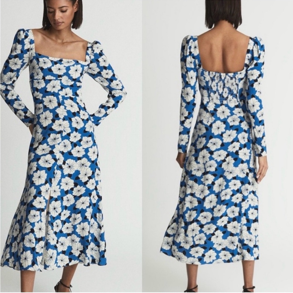 NWT Reiss Miller Blue Floral Square Neck Midi Dress
